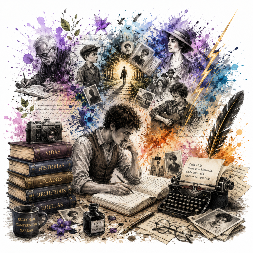 Ilustración editorial con retratos, libros, documentos y elementos históricos que representan la sección Biografías de Grafito y Trueno.
