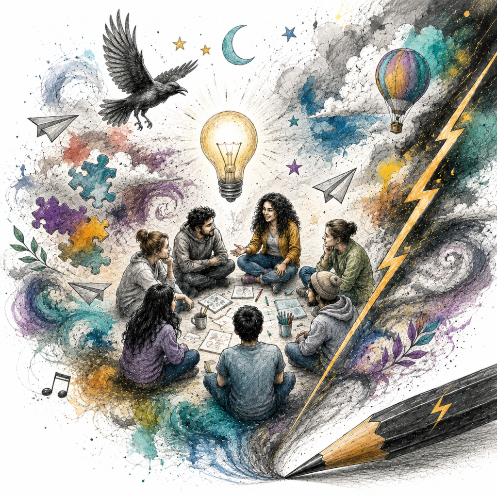 Ilustración de la comunidad de Grafito y Trueno con personas conectadas, creatividad, colaboración y arte.