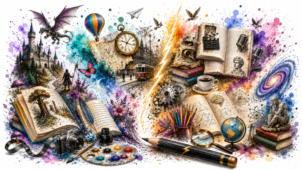 Ilustración editorial de Grafito y Trueno con un lápiz de grafito, un rayo, libros abiertos y elementos de fantasía, filosofía y literatura que representan cuentos, ensayos, crónicas, reseñas, poesía y otros contenidos literarios.