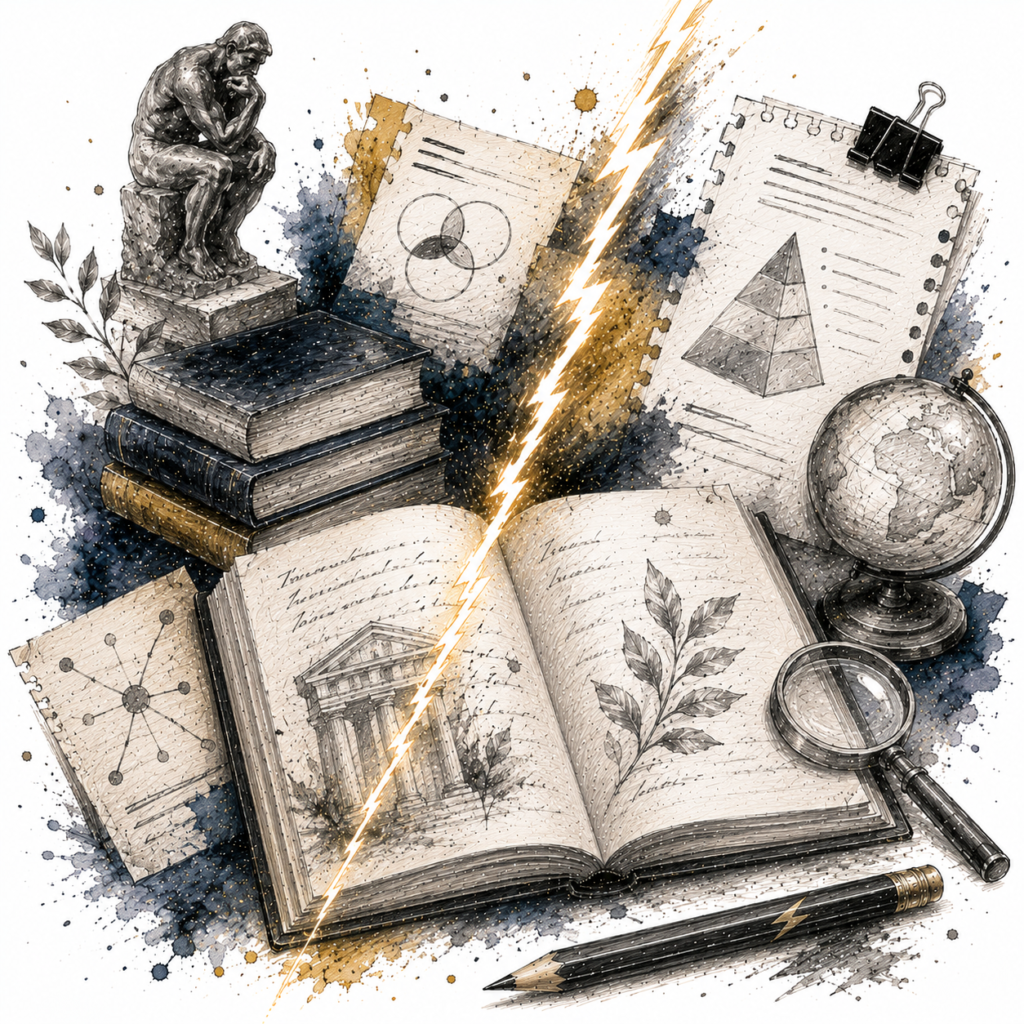 Ilustración de un lápiz de grafito rodeado de libros, columnas, fórmulas y elementos científicos y filosóficos que representan la categoría de ensayos de Grafito y Trueno.