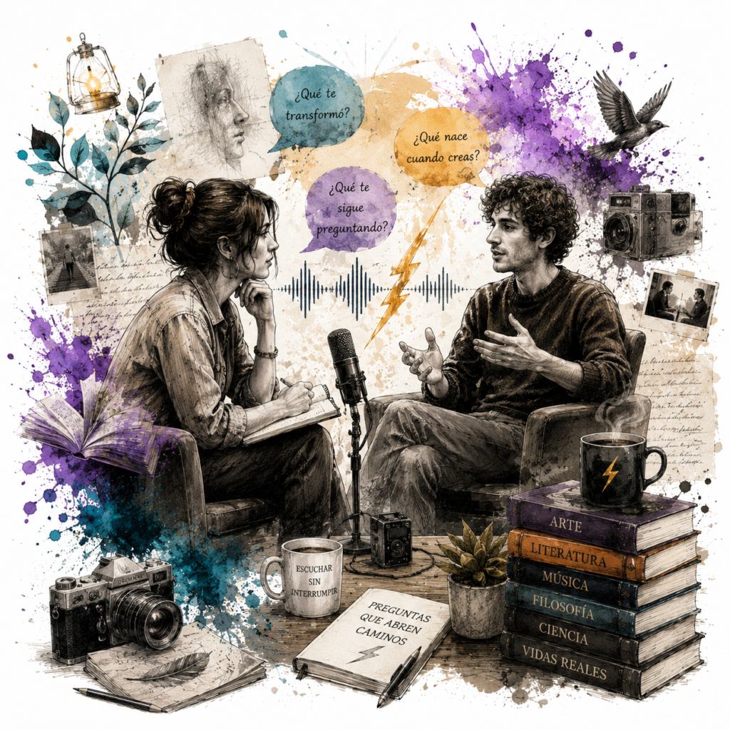 Ilustración de dos personas conversando en una entrevista con libros, micrófono y elementos editoriales, representando la sección Entrevistas de Grafito y Trueno.