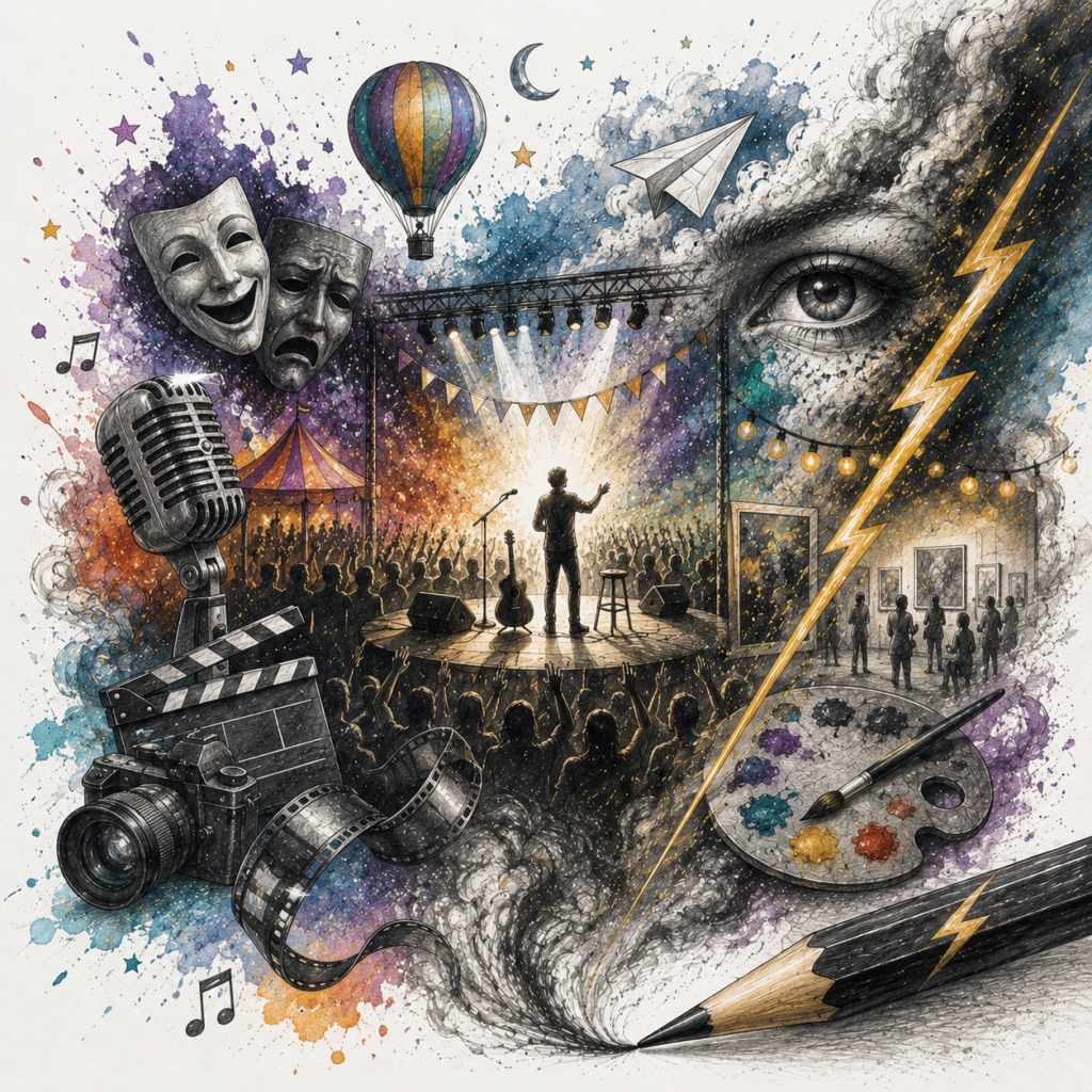 Ilustración artística de eventos culturales de Grafito y Trueno con escenario, público y elementos creativos.