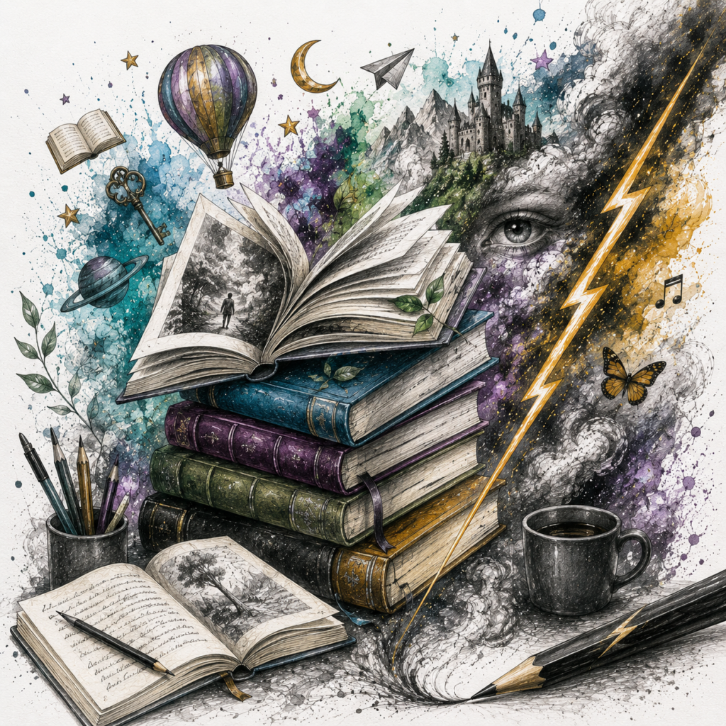 Ilustración artística de la sección Libros de Grafito y Trueno con libros, manuscritos y elementos de fantasía y conocimiento.