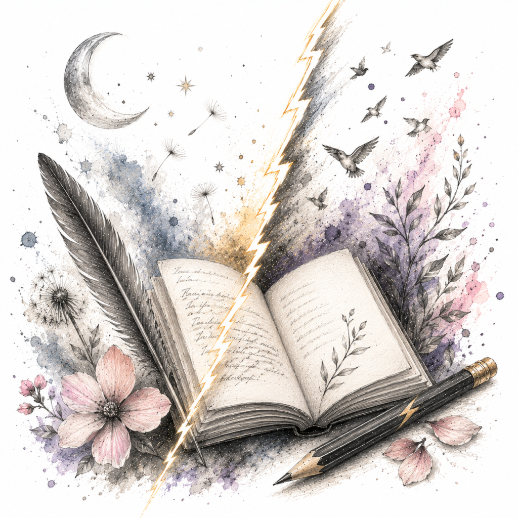 Ilustración de un lápiz de grafito rodeado de flores, aves y elementos naturales que representan la poesía en Grafito y Trueno.
