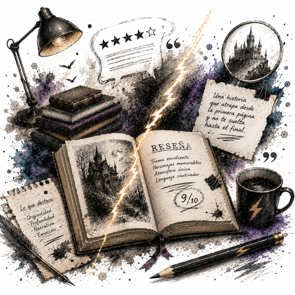 Ilustración de un lápiz de grafito rodeado de libros abiertos y elementos de análisis que representan la sección de reseñas de Grafito y Trueno.