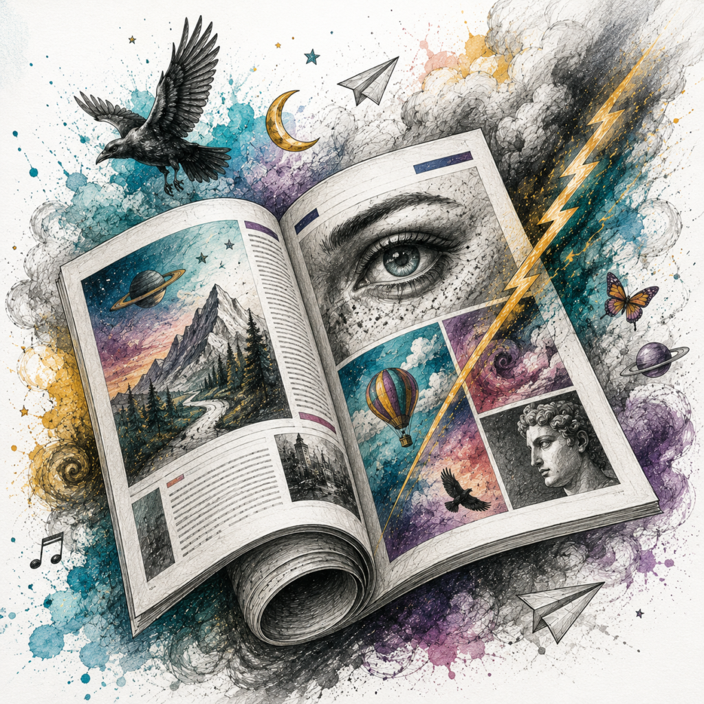 Ilustración de la sección Revista de Grafito y Trueno con revistas, ilustraciones, arte y elementos editoriales.