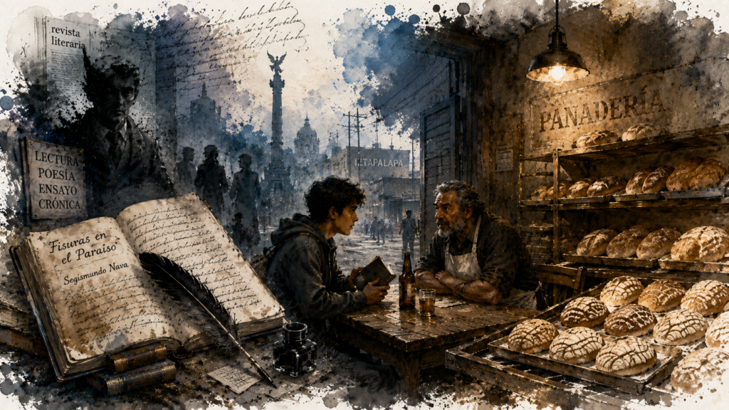 Ilustración del cuento La concha, de Israel Rojas, donde un joven investigador literario encuentra a un escritor olvidado convertido en panadero.
