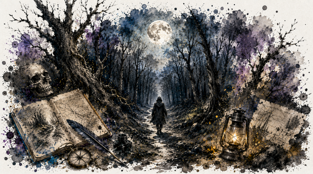 Bosque nocturno con un sendero bajo la luna llena y una figura caminando entre árboles desnudos, ilustración del cuento La Senda.