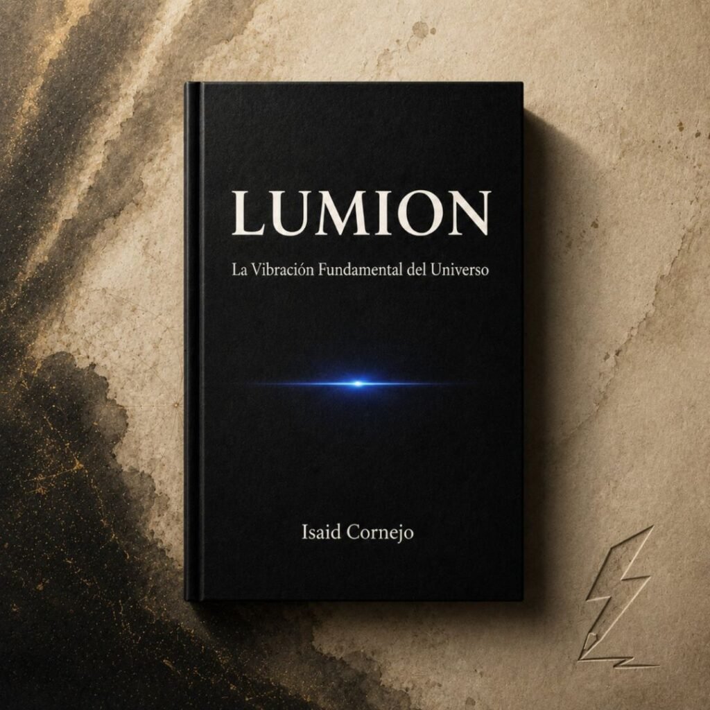 Portada del libro físico Lumion: La vibración fundacional del universo, de Isaid Cornejo, con una luz azul sobre fondo negro.
