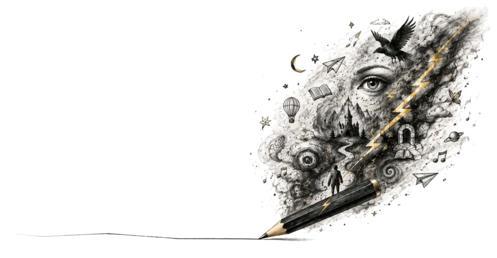 Ilustración representativa de Grafito y Trueno con un lápiz del que emergen historias, ciencia, filosofía, literatura, arte y creatividad entre trazos de grafito y un rayo dorado.