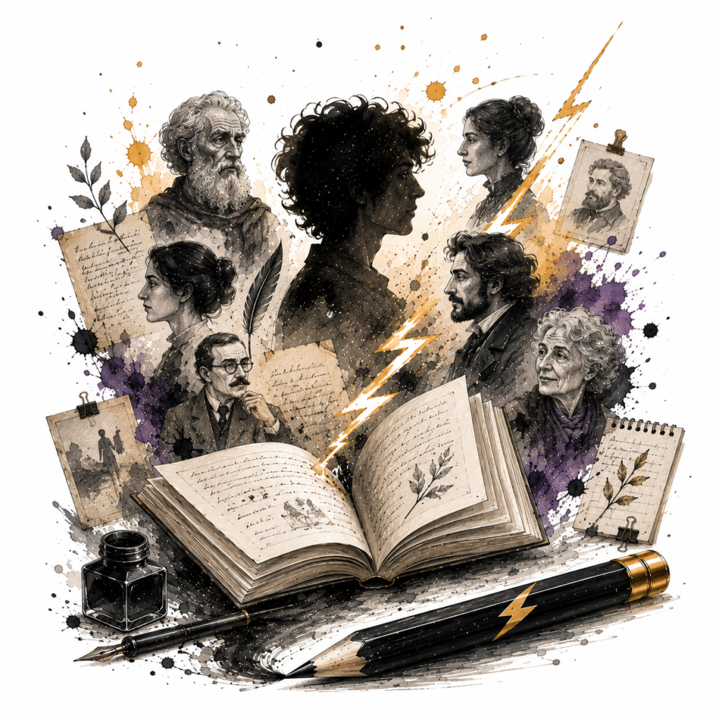 Ilustración de la sección Biografías de Grafito y Trueno para artistas, escritores y creadores que desean compartir su trayectoria.