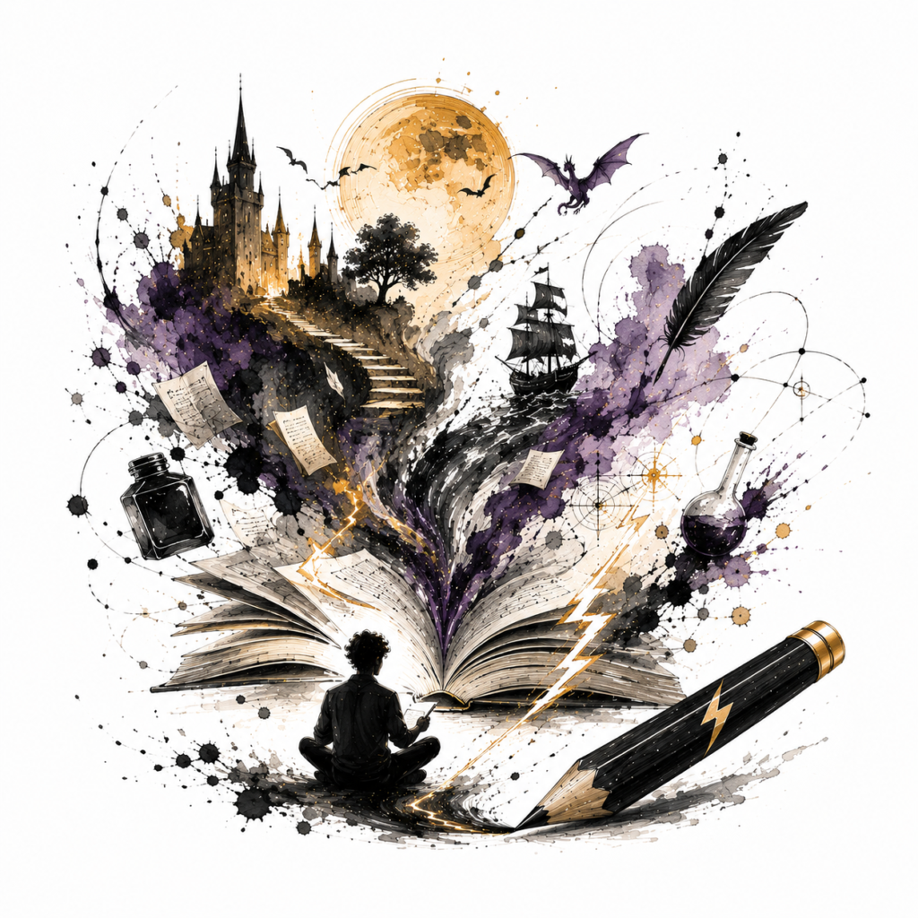 Ilustración de la sección Contenido de Grafito y Trueno para publicar cuentos, ensayos, crónicas, poesía, reseñas y otros textos.
