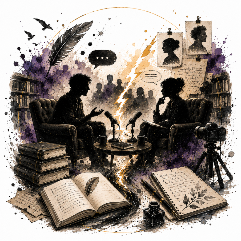 Ilustración de la sección Entrevistas de Grafito y Trueno dedicada a conversar con autores, artistas y creadores sobre su obra y proceso creativo.