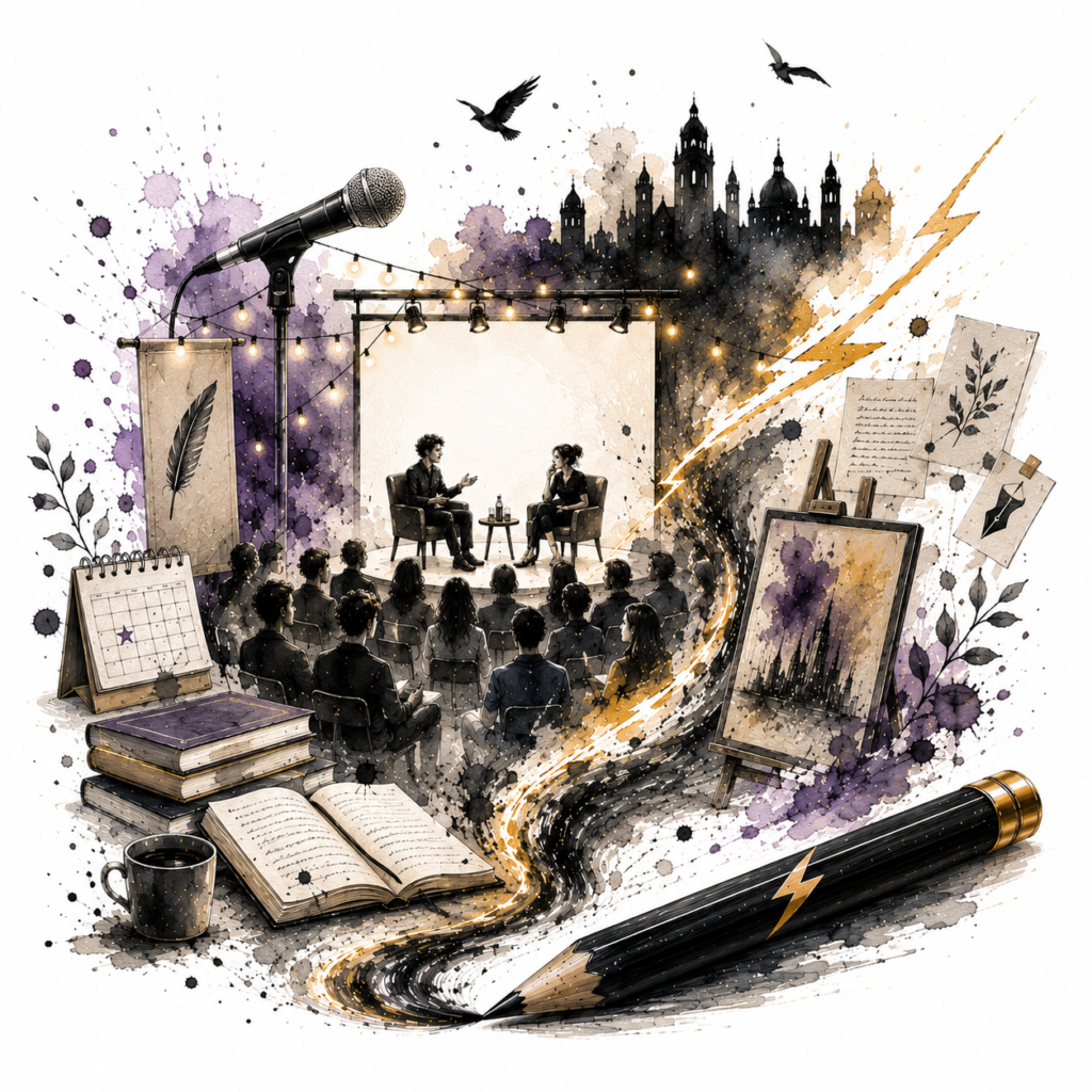 Ilustración de la sección Eventos de Grafito y Trueno para presentaciones, lecturas, conciertos, exposiciones y actividades culturales.