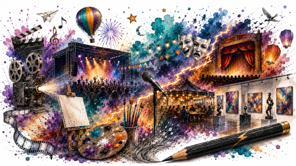 Ilustración de un escenario literario con libros, micrófono, público y elementos creativos que representan los eventos, presentaciones y actividades culturales de Grafito y Trueno.