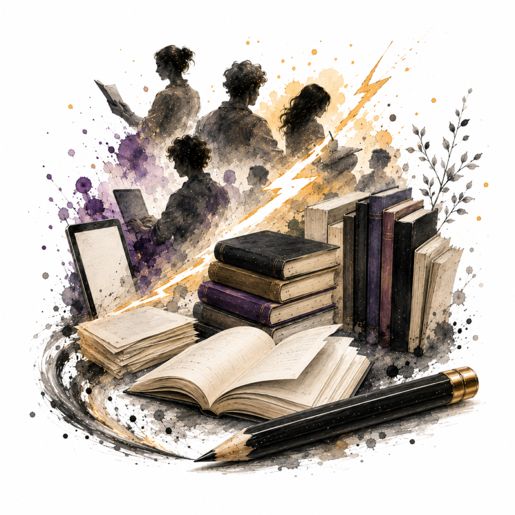 Ilustración de la sección Librería de Grafito y Trueno para editoriales y autores independientes que desean publicar y vender sus libros.