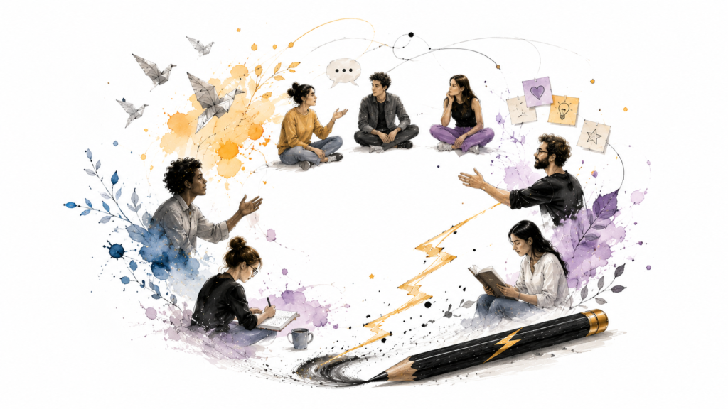 Ilustración de la página Participa de Grafito y Trueno, con un lápiz y un rayo como símbolo de una comunidad donde escritores, lectores y artistas comparten ideas, proyectos y experiencias.