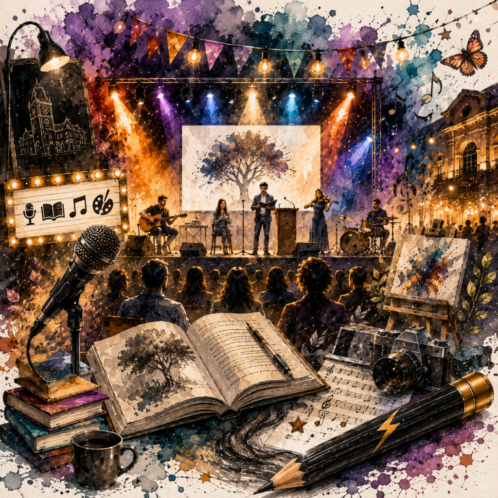 Ilustración de un escenario con libros, instrumentos musicales y elementos artísticos que representan presentaciones literarias, musicales y culturales de Grafito y Trueno.