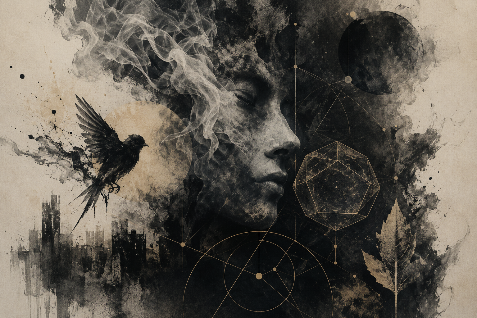 Ilustración poética inspirada en la obra de Javier de Jesús Eguía Zapata, con elementos simbólicos de humo, geometría, memoria y transformación.