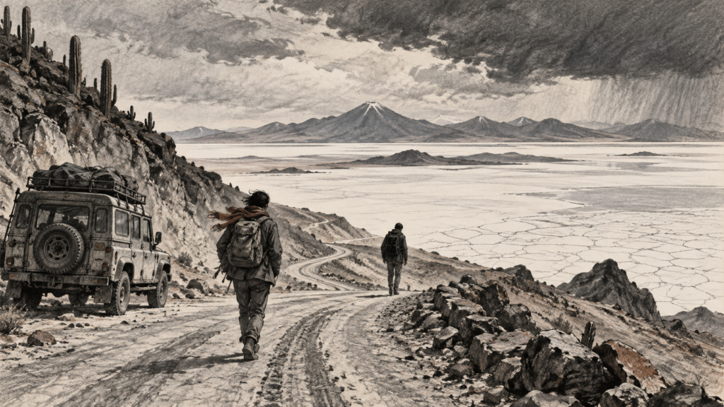 Ilustración a lápiz y tinta de dos viajeros descendiendo por un camino del altiplano boliviano hacia un salar, inspirada en el cuento Indios de Mierda de Cristian Ochoa.
