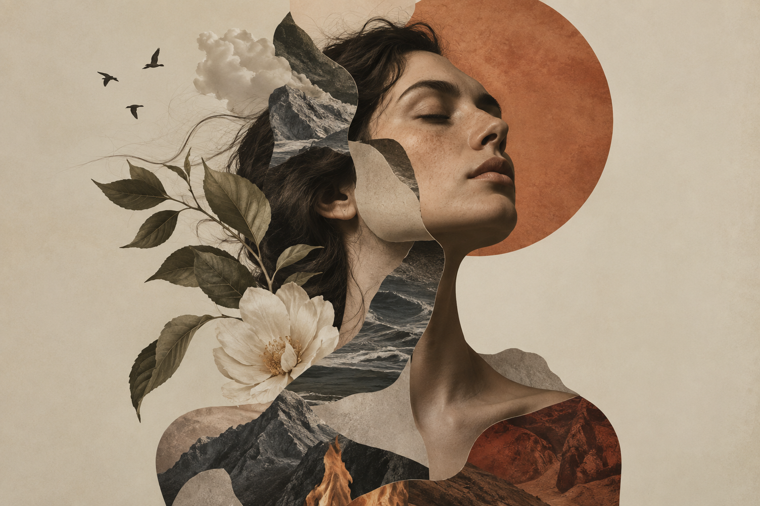 Composición surrealista de una mujer formada por fragmentos de paisaje, flores, agua y fuego, inspirada en el ensayo Disonancia y Cuerpo de Nohemí Guerra.