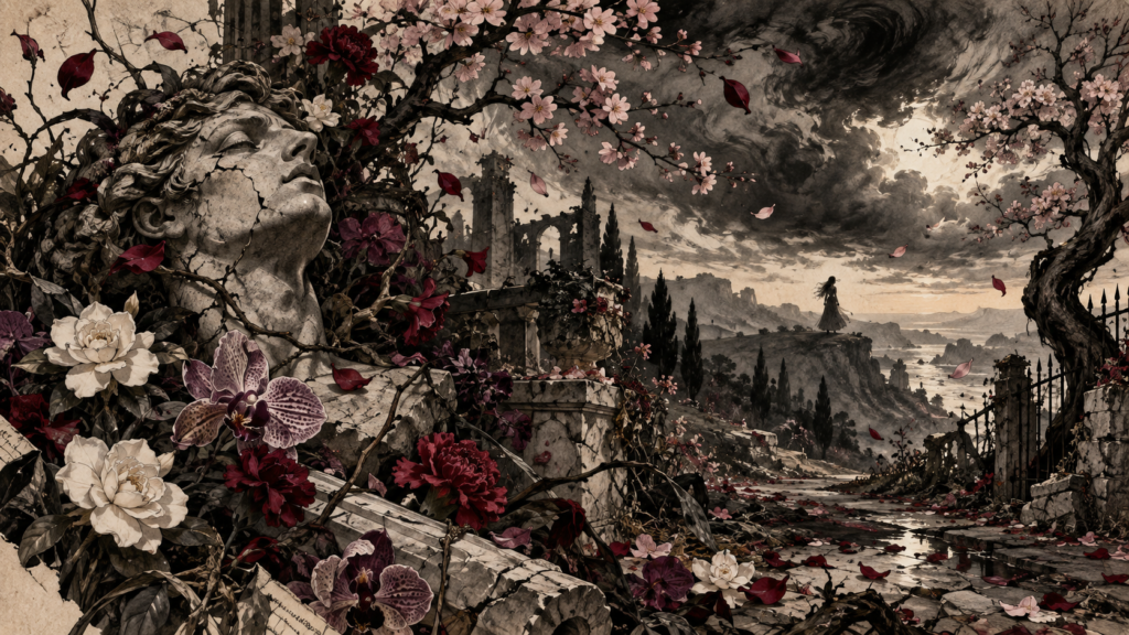 Ilustración a lápiz y tinta de un jardín en ruinas cubierto de flores, bajo un cielo oscuro, inspirada en el poema Himno a la locura de Marco Antonio, El Poeta Muerto.