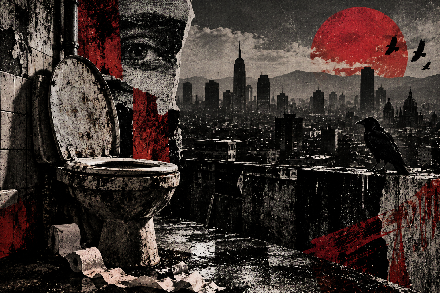 Ilustración urbana en lápiz, tinta y collage con una ciudad oscura, un cuervo, un excusado y un sol rojo, inspirada en Manifiesto de Israel Rojas.