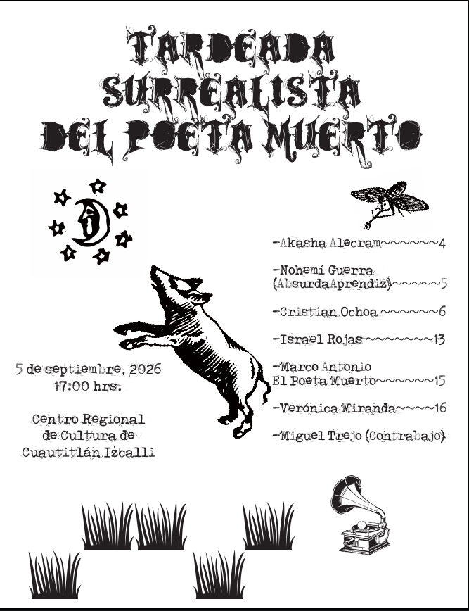 Portada del cuadernillo Tardeada Surrealista del Poeta Muerto, publicación del encuentro literario celebrado en Cuautitlán Izcalli.