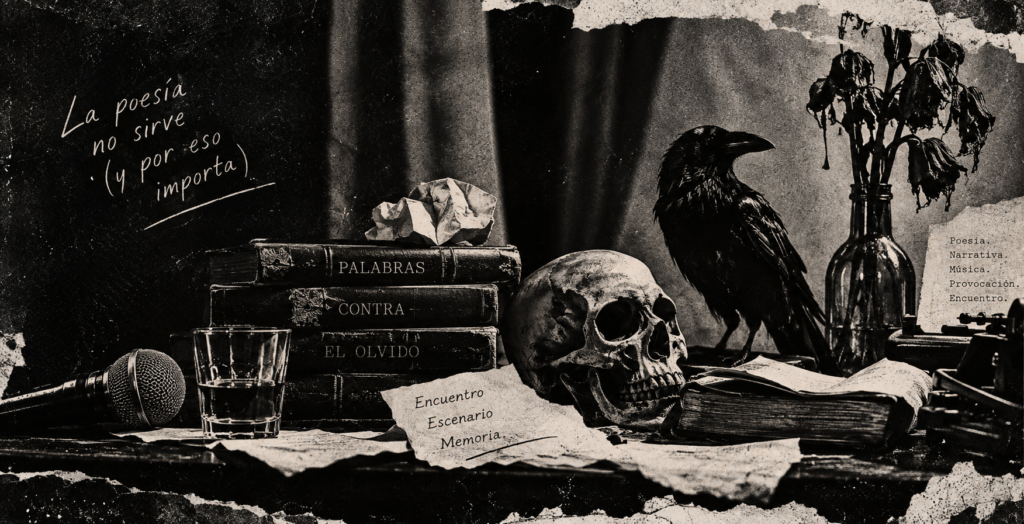 Composición surrealista en blanco y negro inspirada en la Tardeada Surrealista del Poeta Muerto, con libros, cuervo, calavera, micrófono y flores marchitas.